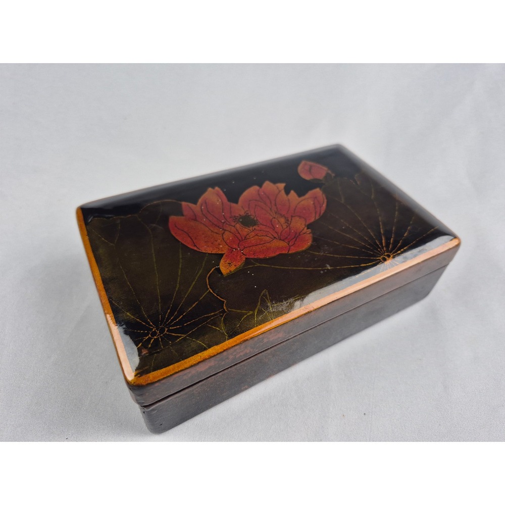 Vintage Black Lacquer Lotus Flower Trinket Jewelry Box Asian Keepsake Decor Case